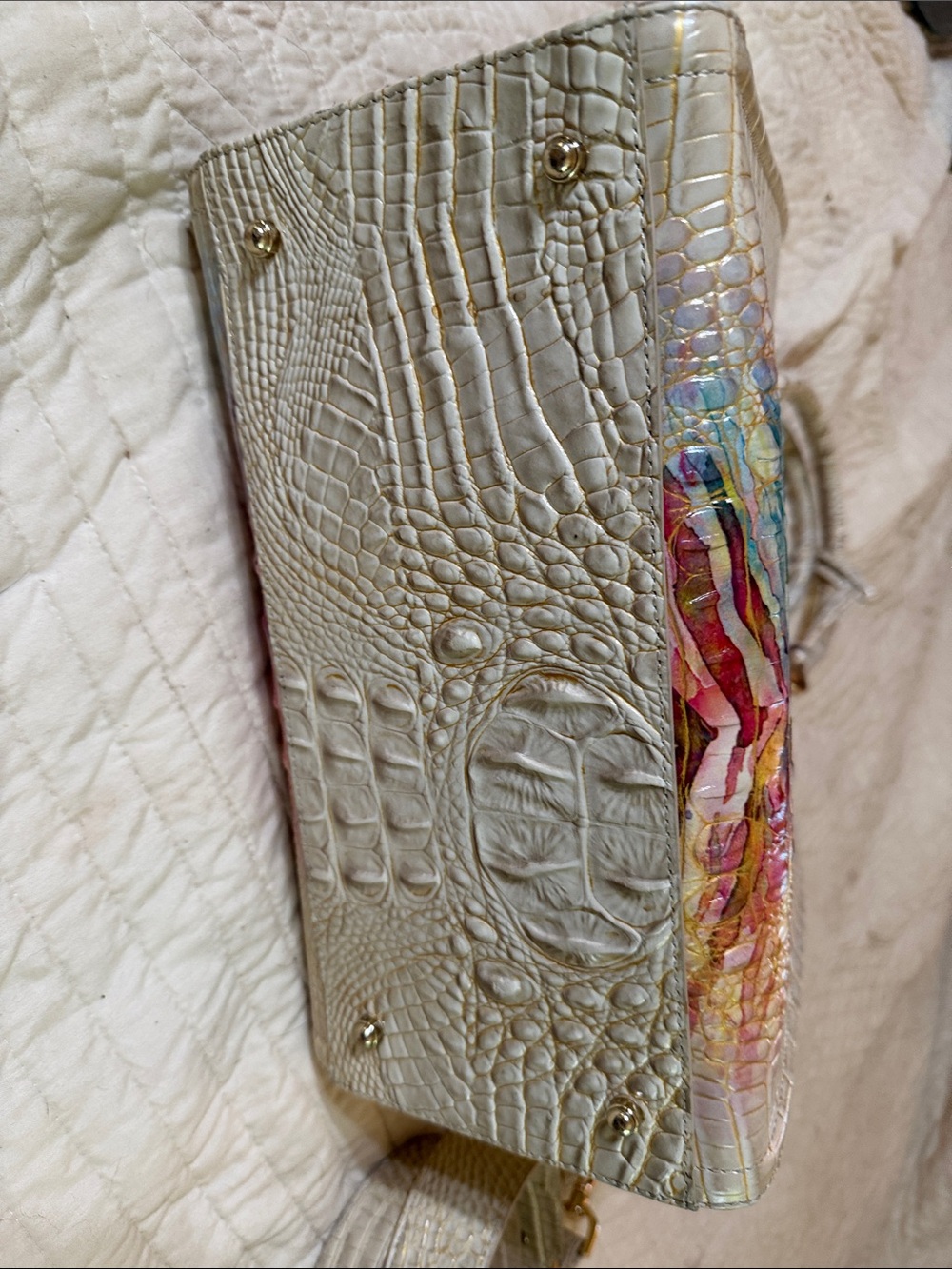 Brahmin Ivory Croc-Embossed Satchel with Multicolor Watercolor Accent - Picture 5 of 8